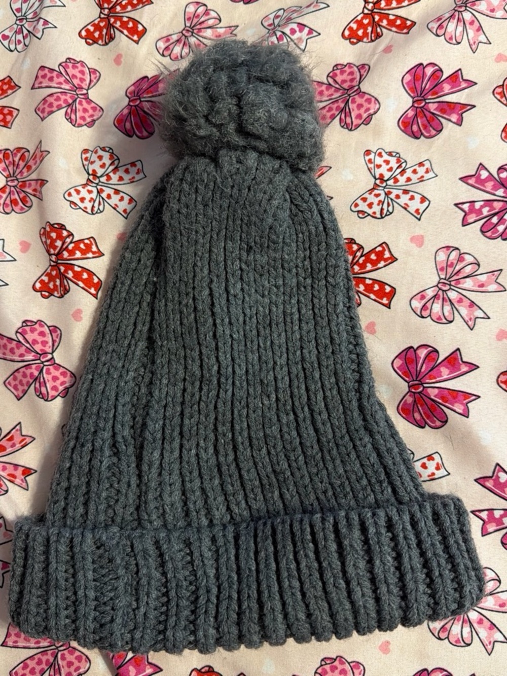 Classic Gray Knit Pom Pom Beanie Hat